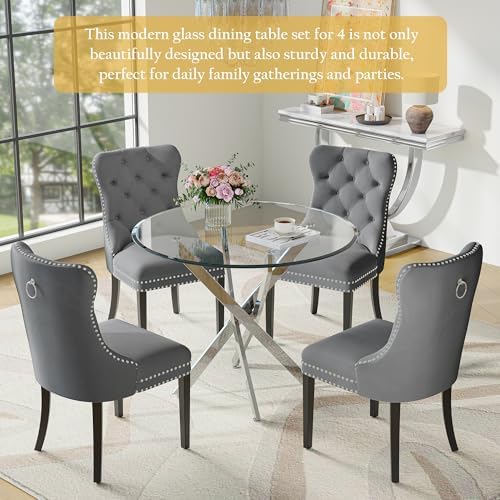 Round Glass Dining Table Set for 4, Modern 36 Inch Glass Kitchen Table with S...