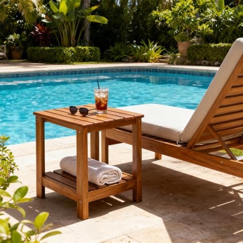 Utoplike Teak Side Table Outdoor, Patio End Table Double Layer for Garden