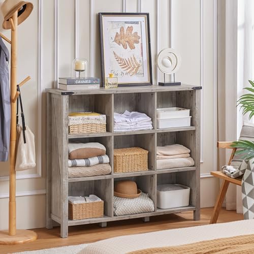 Joaxswe 9 Cube Bookcase, Farmhouse 47 Inch Wide Grey Oak Bookshelf, Wooden 3 ...
