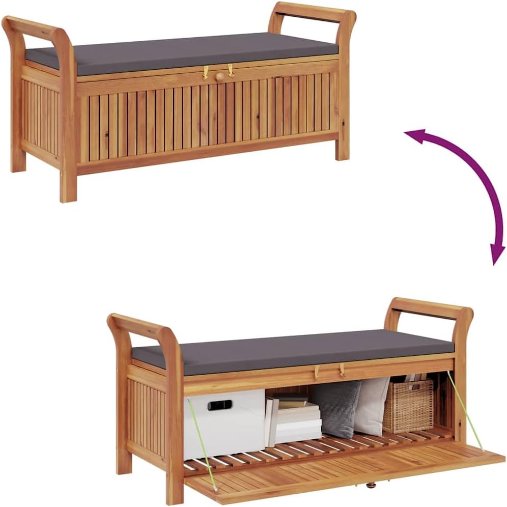 Solid Acacia Wood Garden Storage Bench with Cushion, 49.6 Inch Outdoor Patio ...