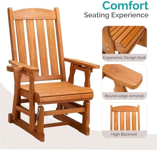 VINGLI Outdoor Glider Chair Wood Patio Glider with Cup Holder, Porch Glider w...