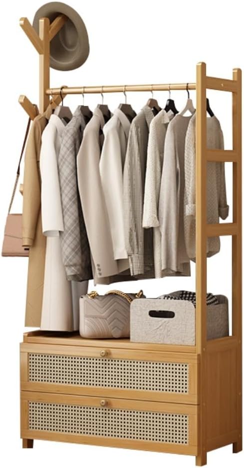 Wooden Coat Stand - Portable Freestanding Garment Rack with Hooks, Storage Sh...