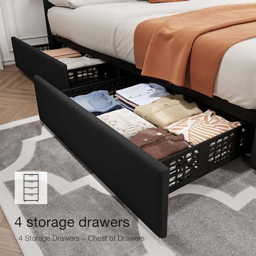 Queen Size Bed Frame with 4 Storage Drawers, Linen Upholstered Platform Bed F...