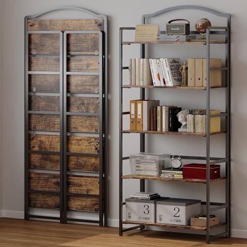 JSB 5 Tier No Assembly Folding Bookshelf, Arched Bookshelf, Foldable Bookcase...