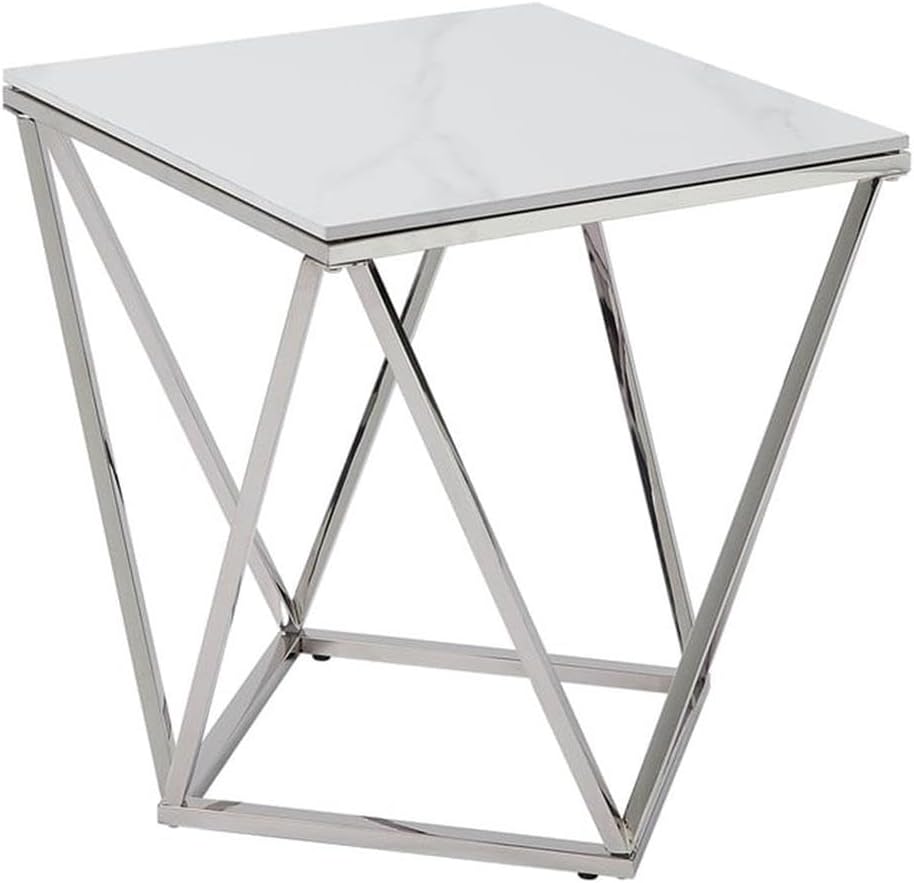 Pemberly Row Contemporary End Table, Stainless Steel Frame, Silver Finish, Wh...