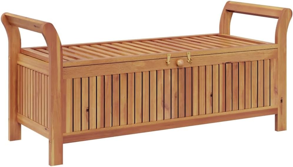 Solid Acacia Wood Patio Storage Bench 49.6 Inch | With Cushion, Curved Arms, ...