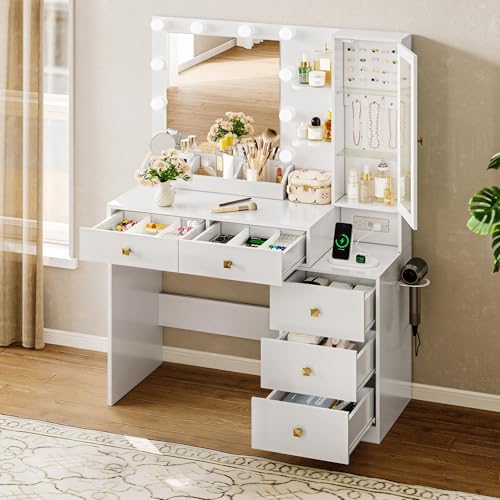 HUANLEGO Vanity Desk with Mirror and Lights, White Makeup Vanity Mirror with ...