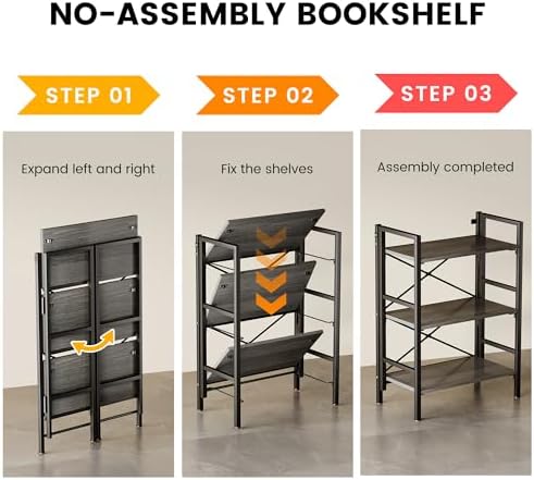 Homeiju Folding Bookshelf No Assembly, 3 Tier Bookcase Foldable Shelf with X-...