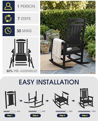 KINGYES Oversized Outdoor Rocking Chairs Set of 2, HDPE Porch Rocker, Black |...