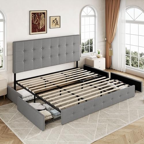 Allewie King Size Storage Bed Frame with 4 Underbed Drawers, Light Grey