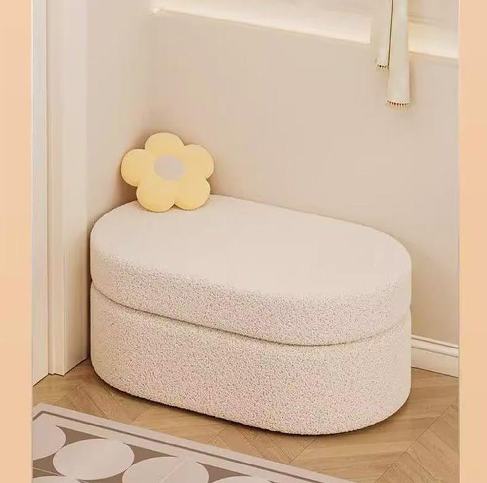 Oval Ottoman with Storage,Fleece Fabric Bed End Stool,Upholstered Padded Seat...