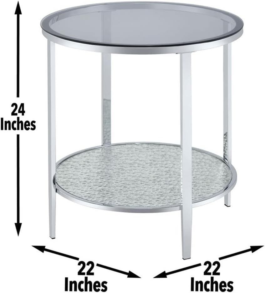 Pemberly Row Round Chrome and Tempered Glass End Table, Smoky Glass Top, Text...
