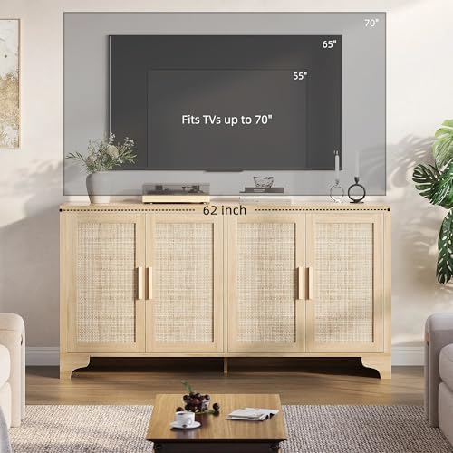 GarveeHome 4-Door Sideboard Buffet Cabinet, Natural Rattan Storage Cabinet, B...