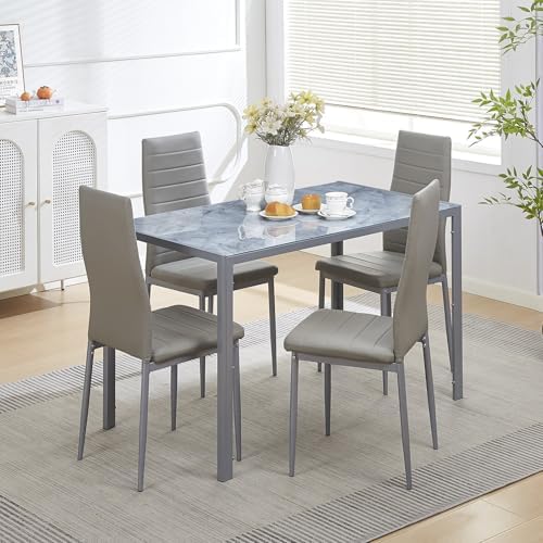 5-Pieces Gray Marble Dining Room Set for 4, Contemporary Kitchen Table and Up...