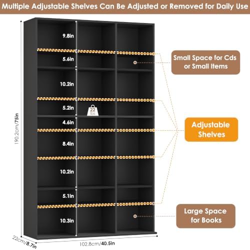 FOTOSOK 75'' H Black Bookshelf with 27 Cubes, Triple Wide Tall Bookcase