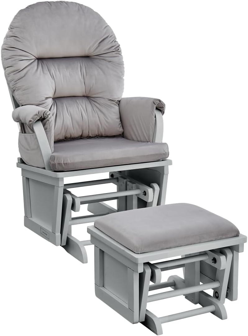 Madison Glider and Ottoman: Gray Wood & Light Gray Fabric