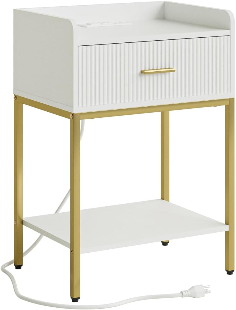Nightstand with Charging Station, 3-Tier Bed Side Table, Small End Table, Nig...