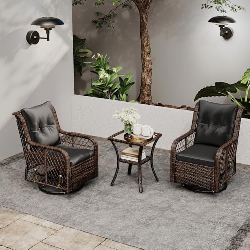 Tangkula 3 Pieces Outdoor Swivel Rocker Set, Rattan Wicker Patio Rocking Cush...