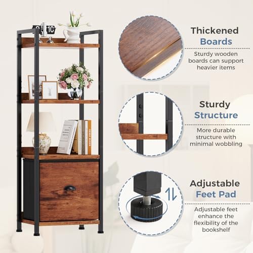 DUMOS 4 Tier Bookshelf with Fabric Drawer, Display Standing Shelf, Brown