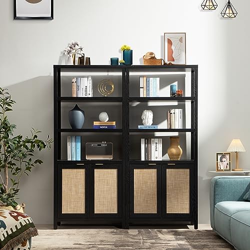 SICOTAS 71" Tall Rattan Bookshelf with Doors for Living Room Library