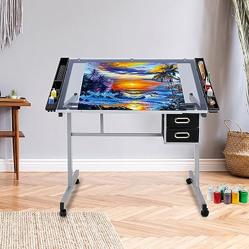 Nova Microdermabrasion Glass Top Drafting Table with Storage, Adjustable Draw...