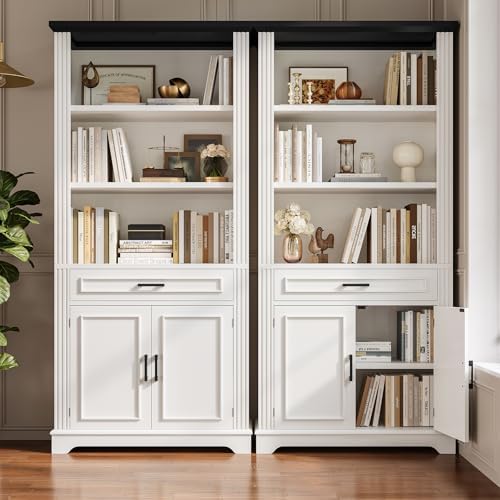 SEDETA Farmhouse Bookshelves and Bookcases with Doors, Drawer, White