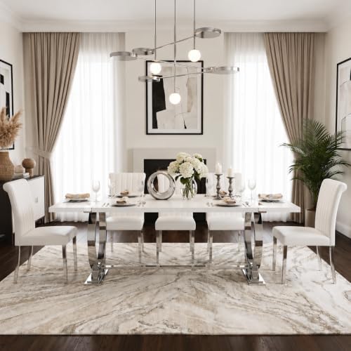 Asday White Leather Dining Chairs Set of 4, White and Silver Dining Room Chai...