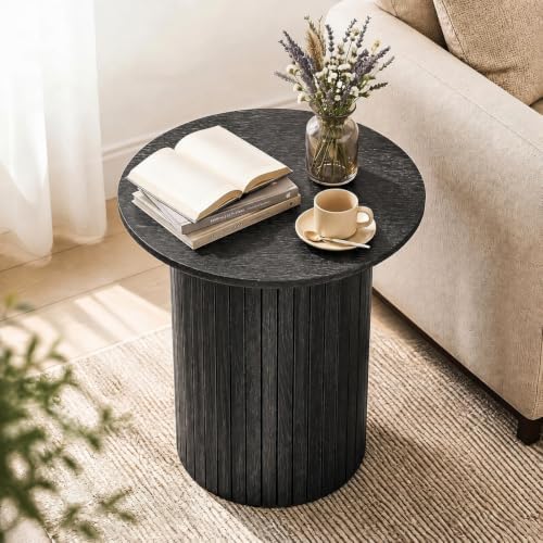 GIANTEX Round Fluted Side Table Set of 2, Drum Pedestal End Tables, Black