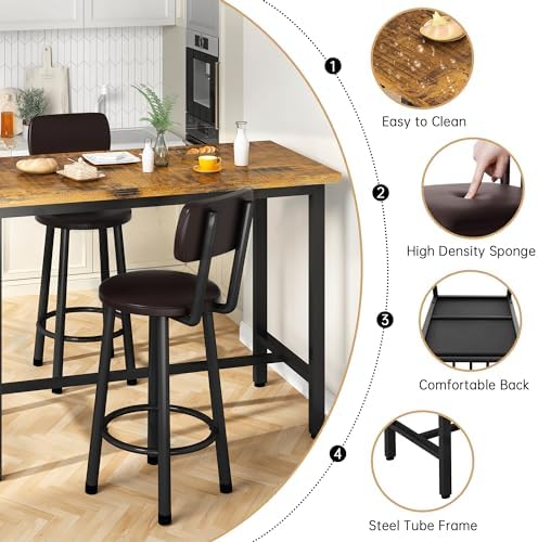 3 Piece Bar Table and Chairs Set for 2, Counter Height Rectangular Pub Dining...