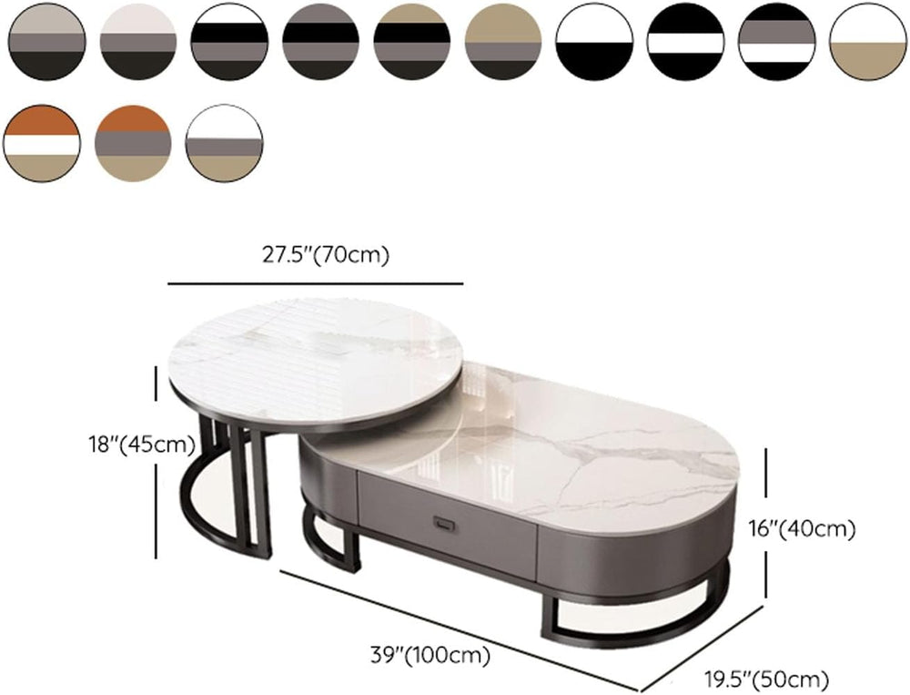 Oval Stone Nesting Coffee Table Set of 2 for Living Room,Modern Steel Frame N...