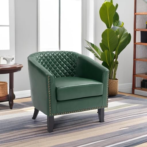 PU Leather Barrel Accent Chairs Set of 2, Upholstered Armchair, Green