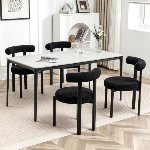 Black Boucle Dining Chairs Set of 4, Comfy Kitchen & Dining Room Chairs