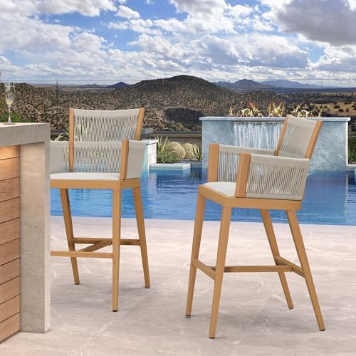 PURPLE LEAF Outdoor Bar Stool Chair Set of 2, Rustproof Aluminum, Teak