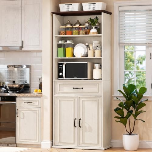 Cyclysio 80" Tall Bookcase with Drawer and Doors, Antique White/Walnut