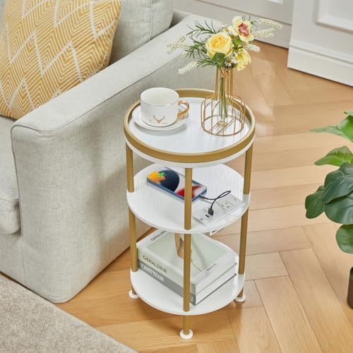 Small Round End Table with Charging Station, 3-Tier Accent Couch Beside Table...