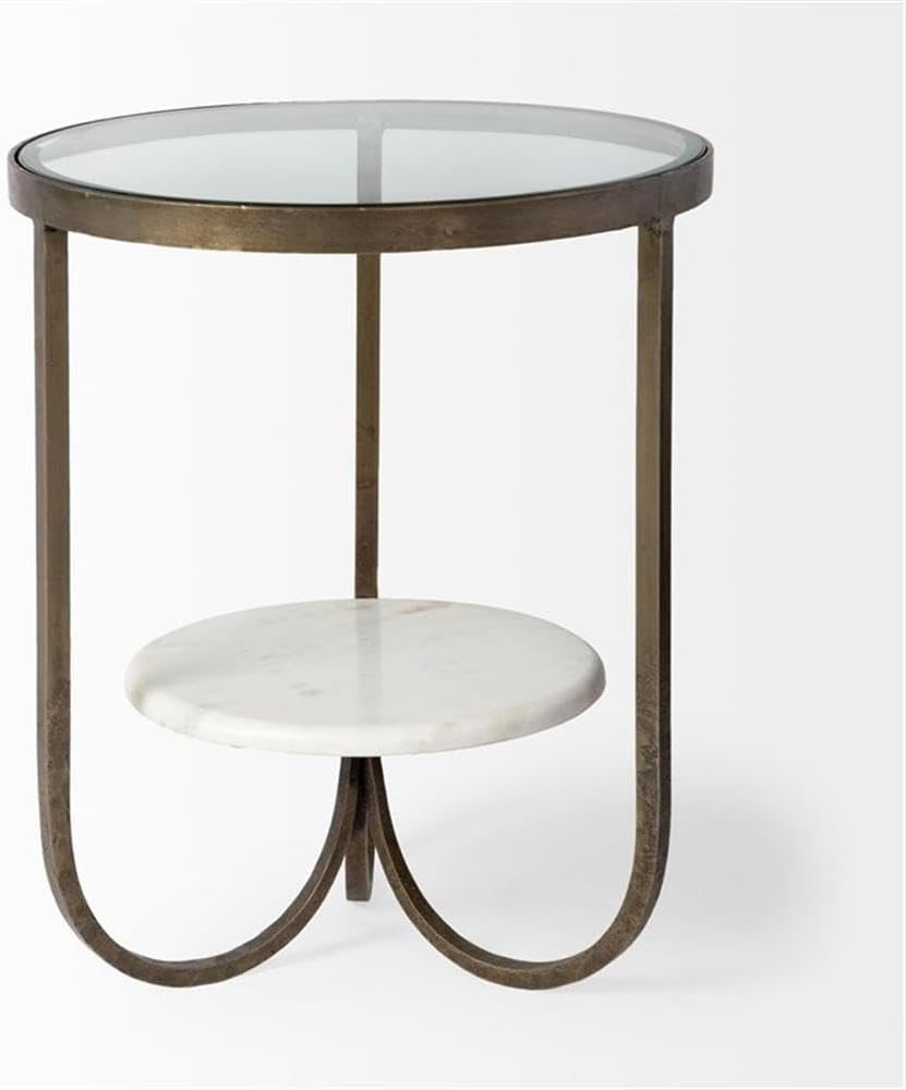 Pemberly Row Round Glass Top End Table, Gold Metal Frame with Marble Shelf, 2...