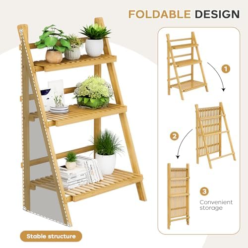 Foldable Ladder Shelf 39.4", Plant Shelf 3 Tier, Bamboo Ladder Bookshelf