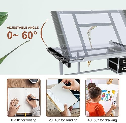 Nova Microdermabrasion Glass Top Drafting Table with Storage, Adjustable Draw...
