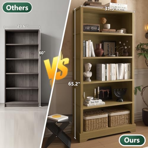 TVU 5 Tiers Wooden Bookshelf, 65.2" Tall Farmhouse Style Open Bookcase, ...