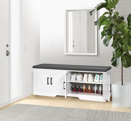 HOMSHO Farmhouse Shoe Storage Bench with 4 Barn Doors & Padded Seat Cushi...