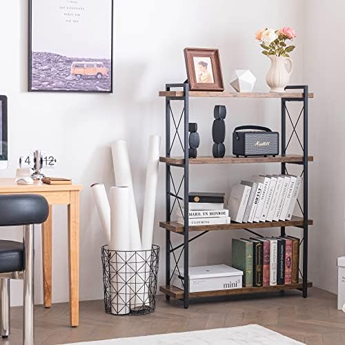 HCHQHS Bookshelf, 4-Tier Industrial Bookcase, Rustic Open Book Shelf, Freesta...