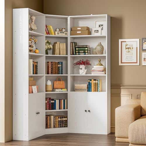 IRONCK Corner Bookshelf, 71" Tall Bookcase with 2 Storage Cabinets, White