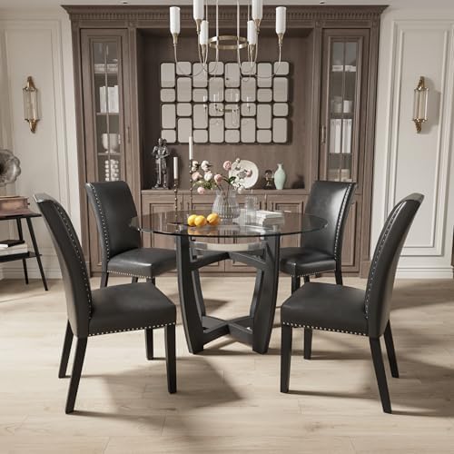 LEEMTORIG Set of 4 Upholstered Parsons Dining Chairs, Faux Leather Dining Roo...