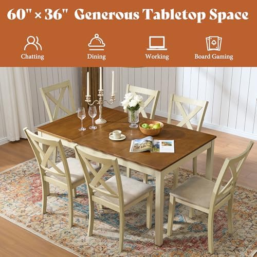 AMERLIFE 7-Piece Farmhouse Solid Wood Dining Table Set for 6, Rustic Cream | ...