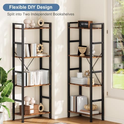 DUMOS Triple Column 4 Tier Bookshelf, Wide Industrial Bookcase, Brown