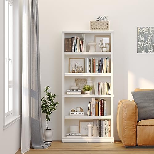 blini 5-Shelf Tall Bookcase White Wooden Bookshelves 33in Wide 5 Tier Bookcas...