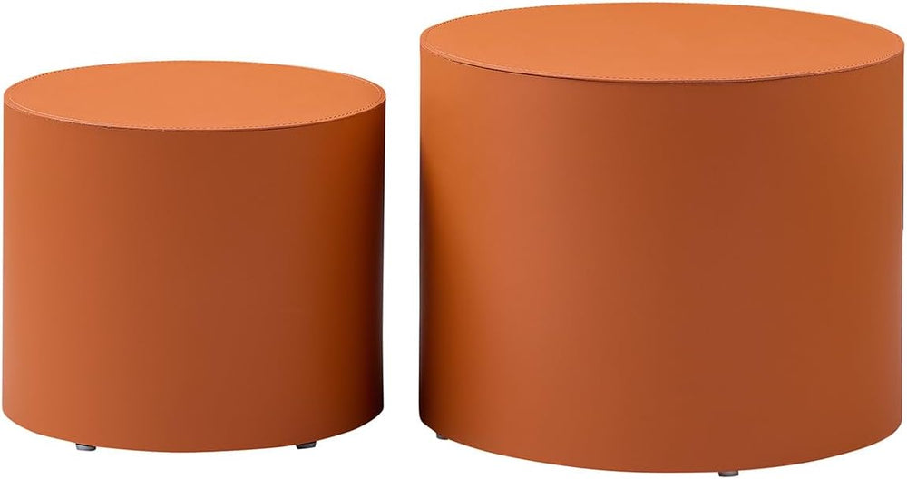 Modern Round Side Table Set of 2, MDF Core with Saddle Leather Upholstery, Cy...