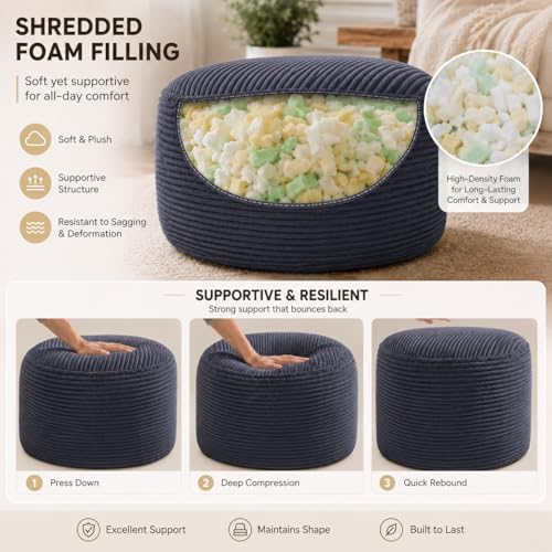 Round Stuffed Pouf Ottoman, Foot Stool Ottoman,Corduroy Poufs with Foam Chunk...