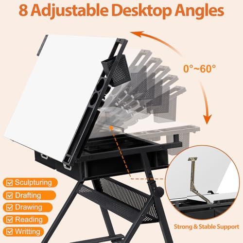 SUPER DEAL Adjustable Drafting Table Set with Charging Station, Tilting Drawi...