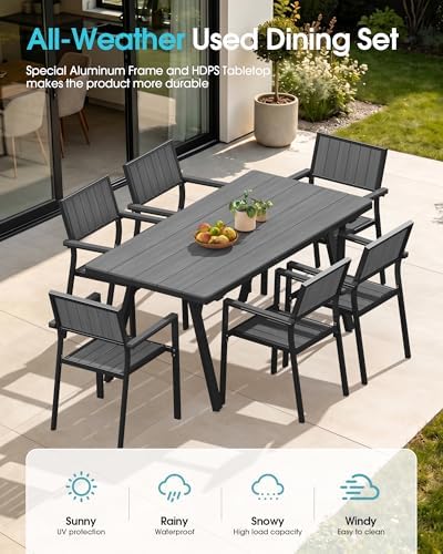 Aluminum Outdoor Dining Set of 6, Patio Table and Stackable Chairs, Grey
